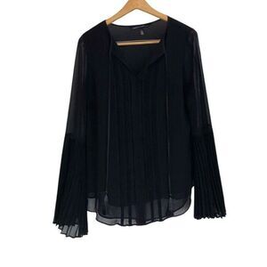 White House Black Market Maggie Pleated Bell Sleeve Blouse Sheer Black Women's 6